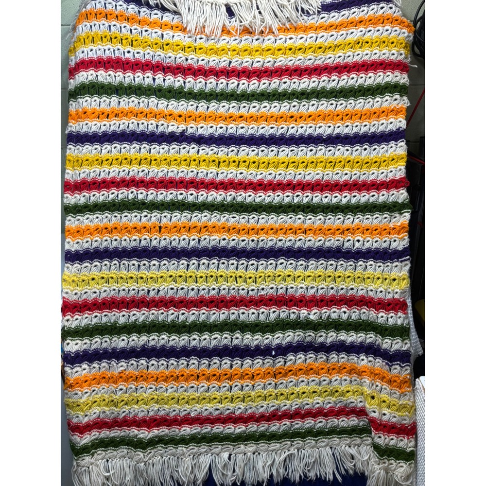 [Boho] Unisex Unbranded Crochet Rainbow‎ Striped Afghan Blanket 60x46 Multicolor